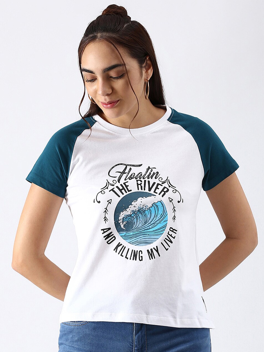 

abof Women White & Teal Typography Printed Pure Cotton T-shirt