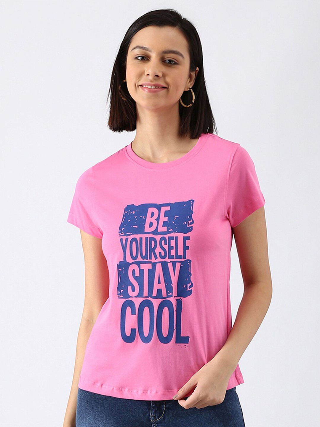 

abof Women Pink & Blue Typography Printed Pure Cotton T-shirt