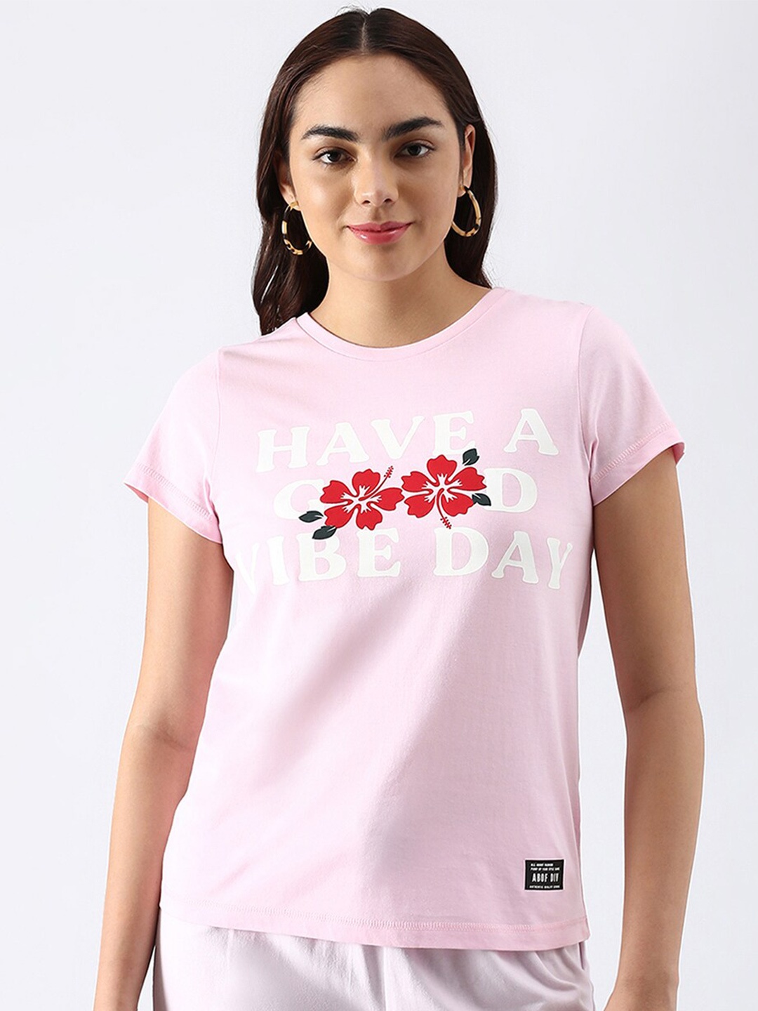 

abof Women Pink Typography Printed Pure Cotton T-shirt