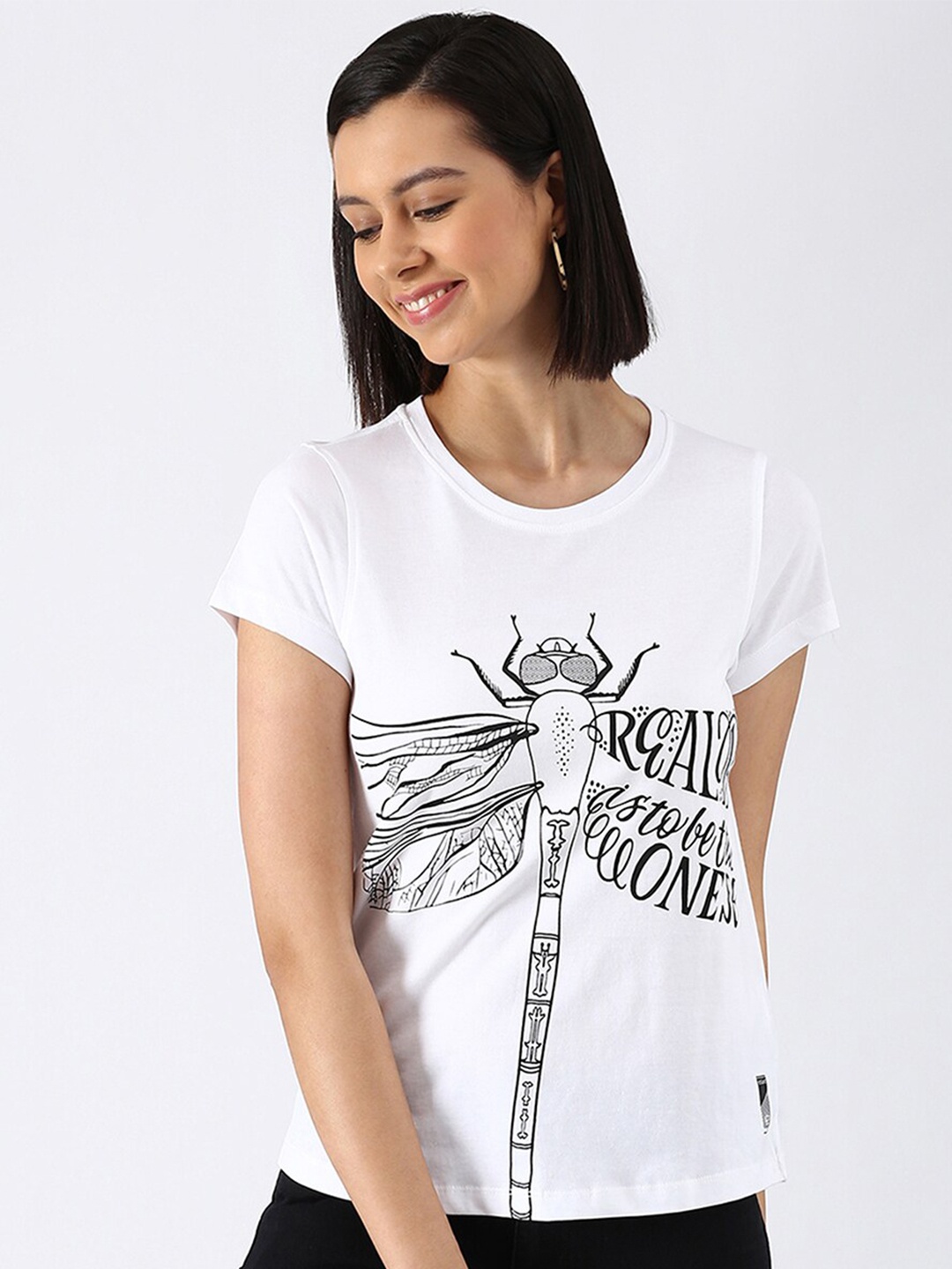 

abof Women White Printed Pure Cotton T-shirt