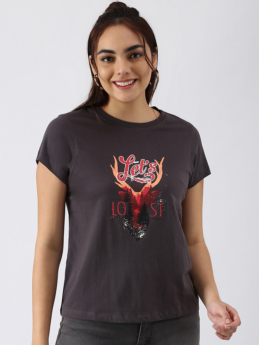 

abof Women Charcoal Printed Pure Cotton T-shirt