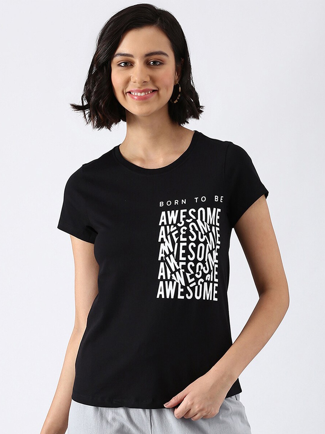 

abof Women Black Typography Printed Pure Cotton T-shirt