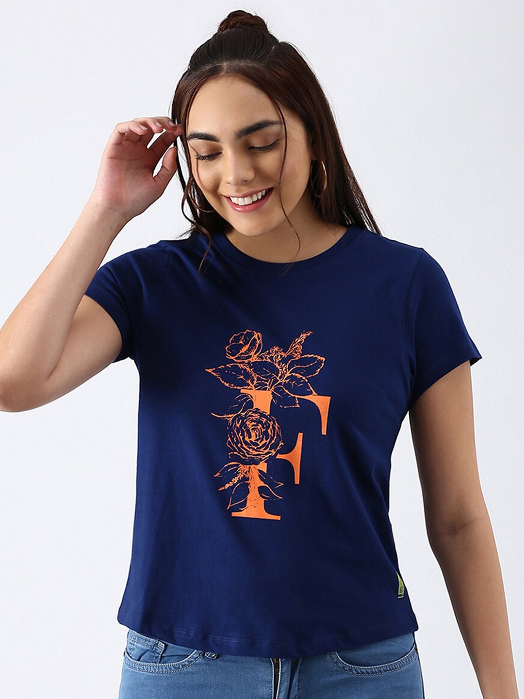 

abof Women Navy Blue Typography Printed Pure Cotton T-shirt