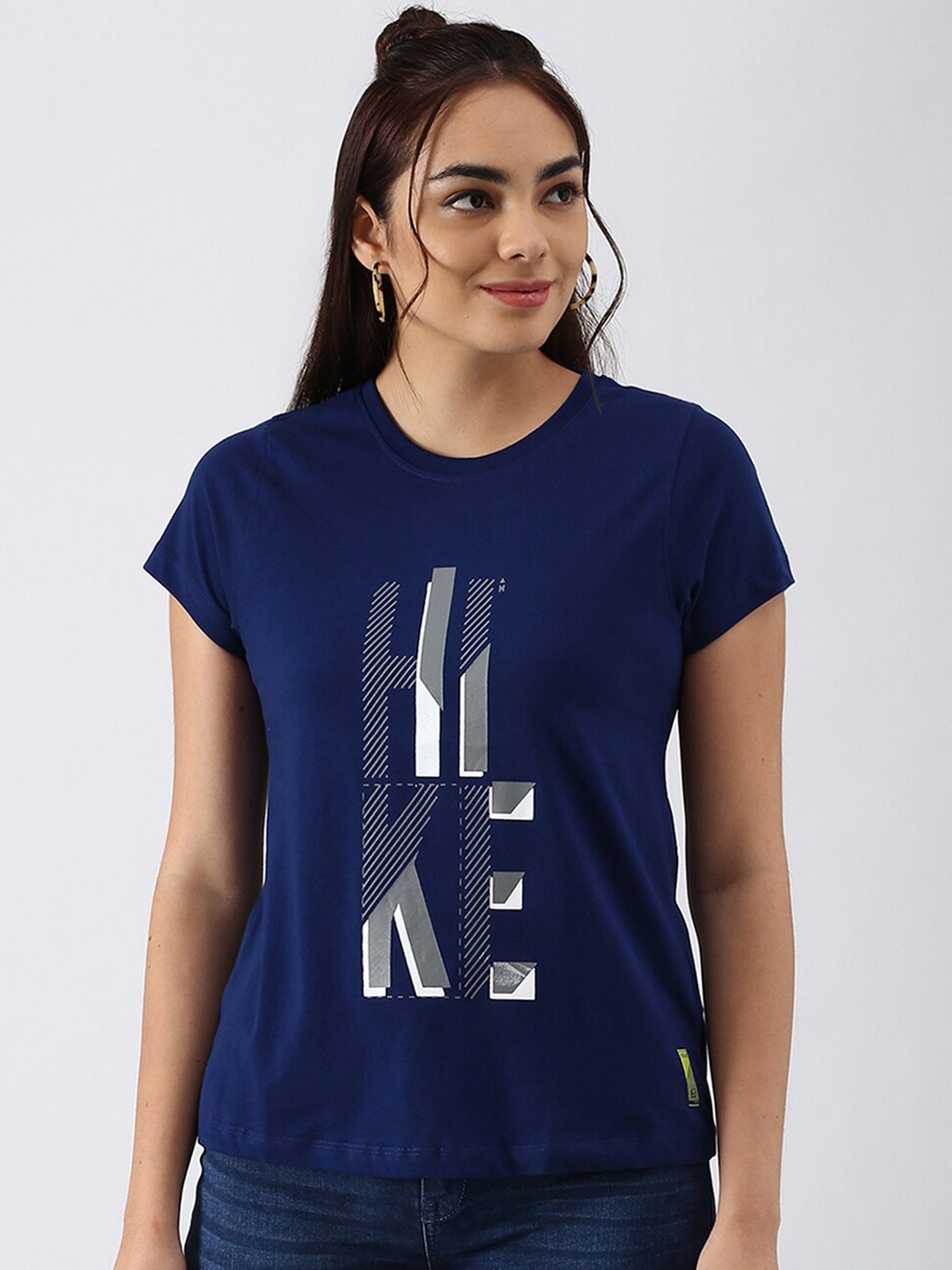 

abof Women Navy Blue Typography Printed Pure Cotton T-shirt