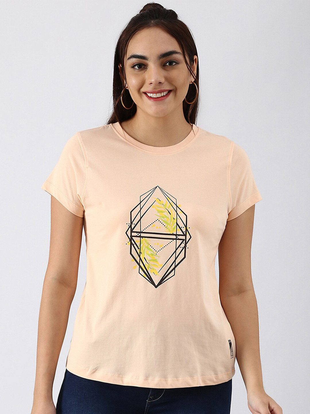 

abof Women Peach-Coloured Printed Pure Cotton T-shirt