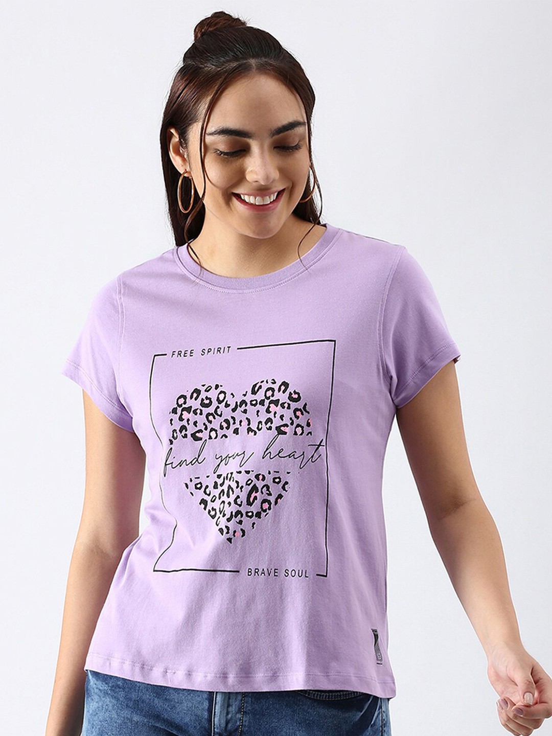 

abof Women Lavender Printed Pure Cotton T-shirt