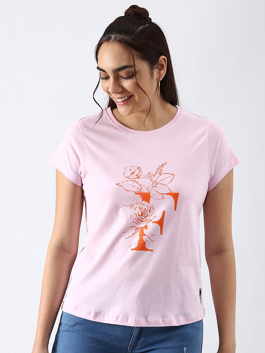 

abof Women Pink Printed Pure Cotton T-shirt
