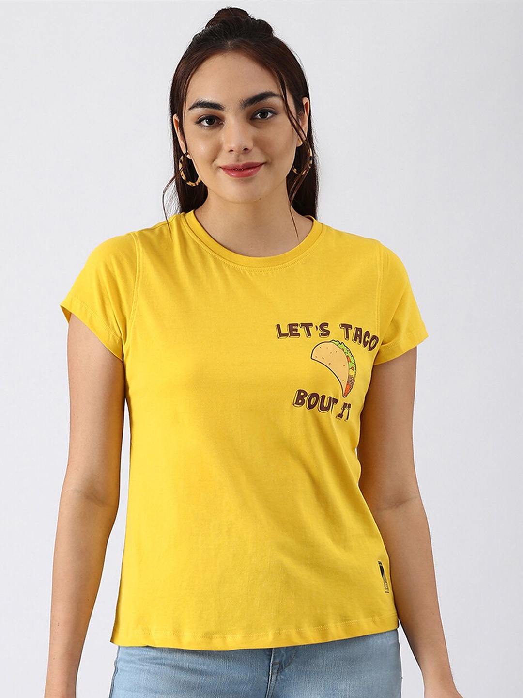 

abof Women Yellow Typography Printed Pure Cotton T-shirt