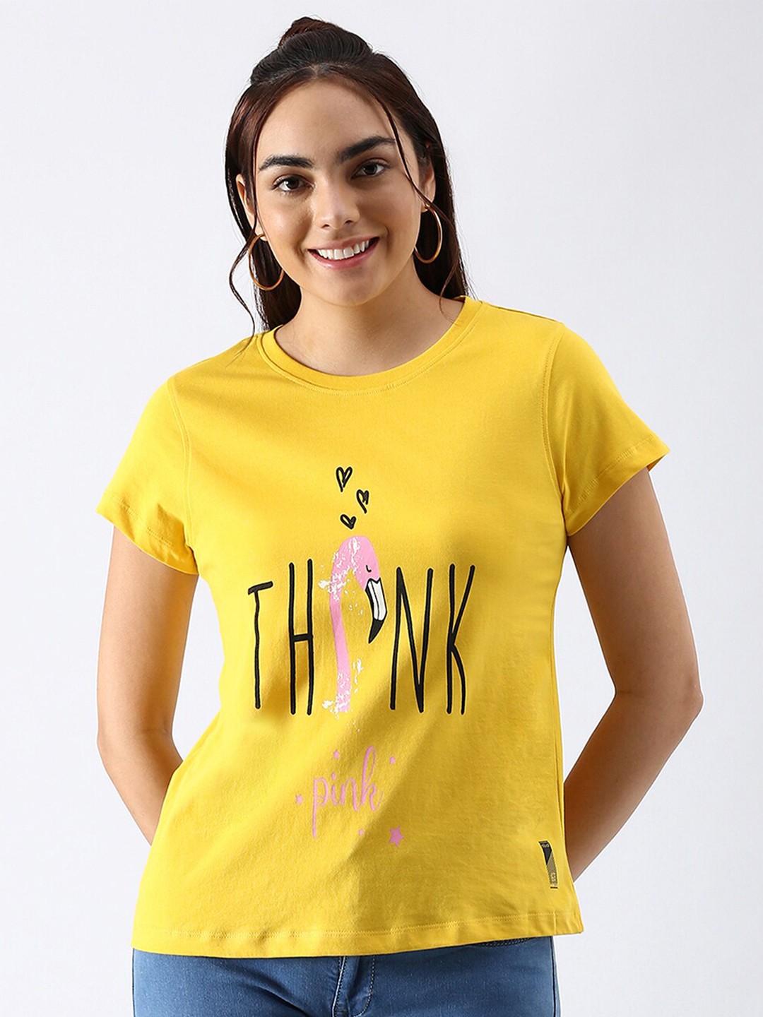 

abof Women Yellow Printed Pure Cotton T-shirt