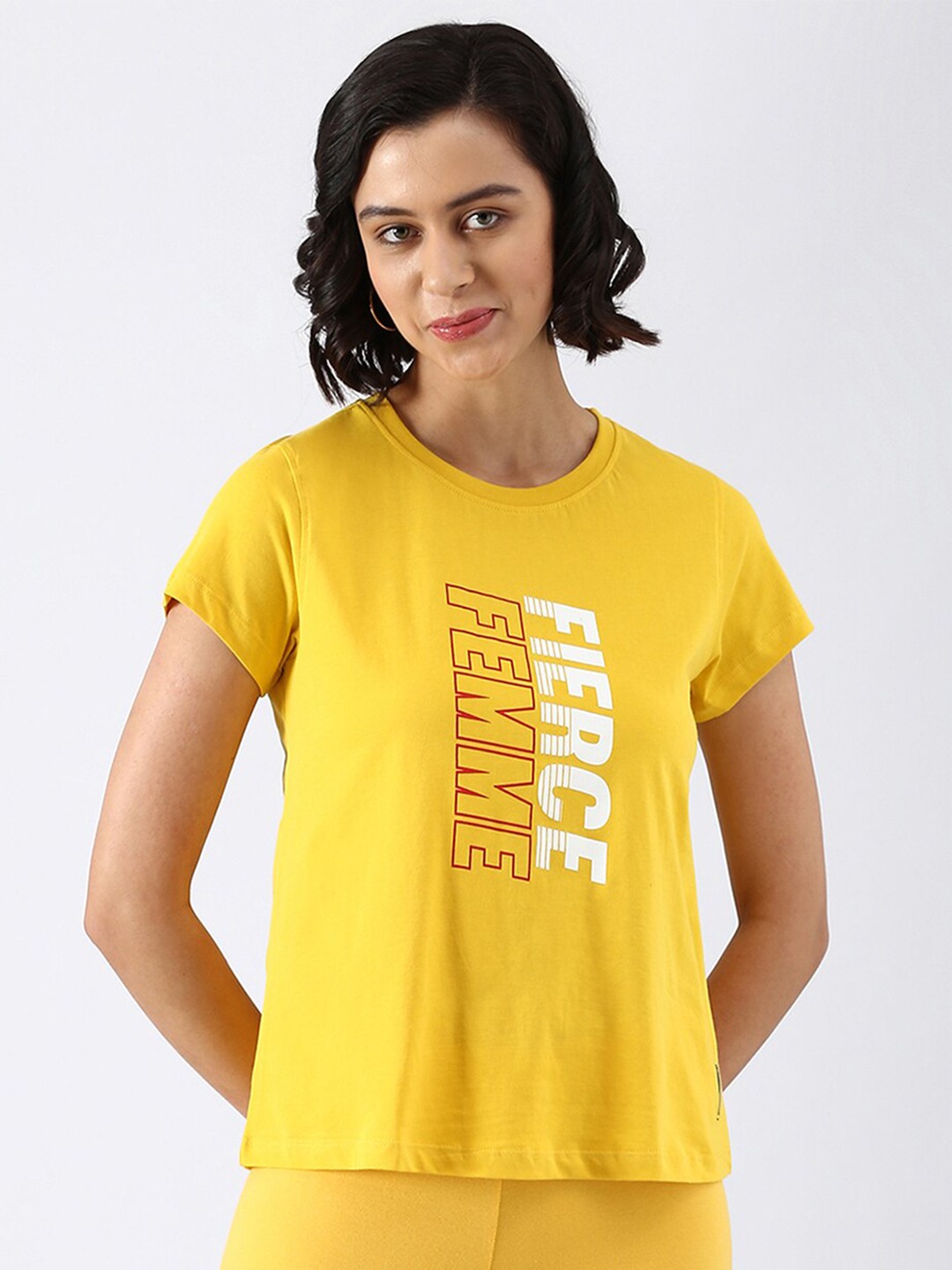 

abof Women Yellow Typography Printed Pure Cotton T-shirt