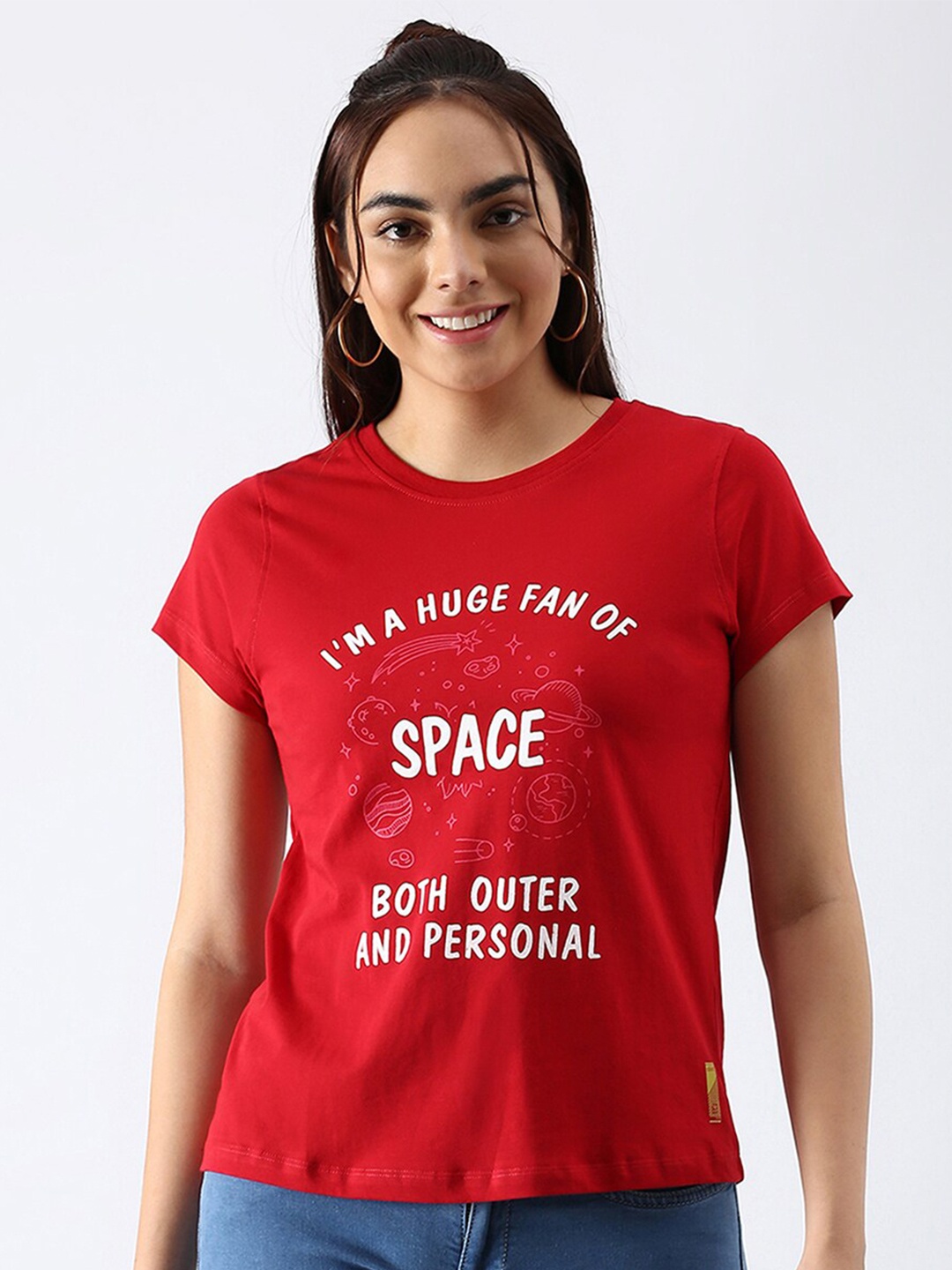abof Women Red Typography Printed Pure Cotton T-shirt