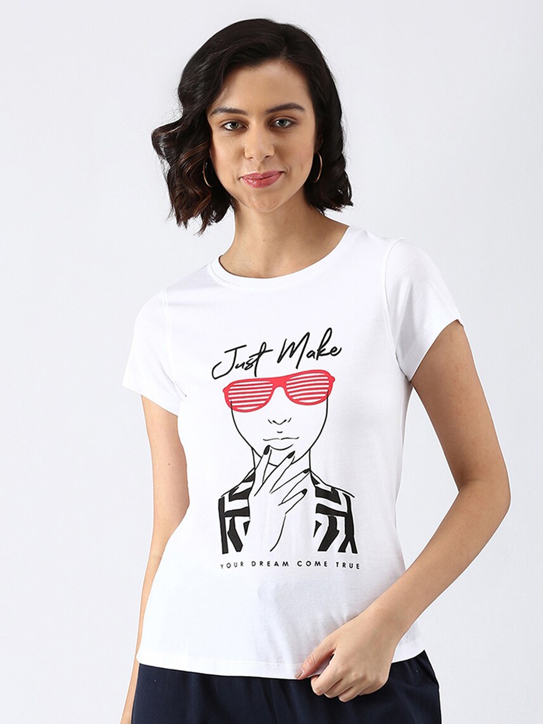 

abof Women White Printed Pure Cotton T-shirt