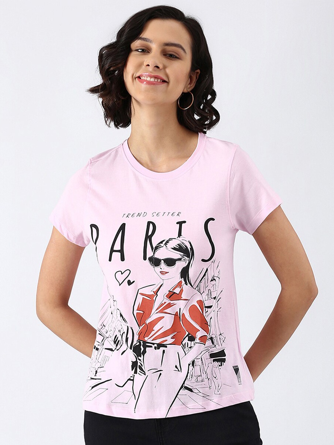 

abof Women Pink Printed Pure Cotton T-shirt