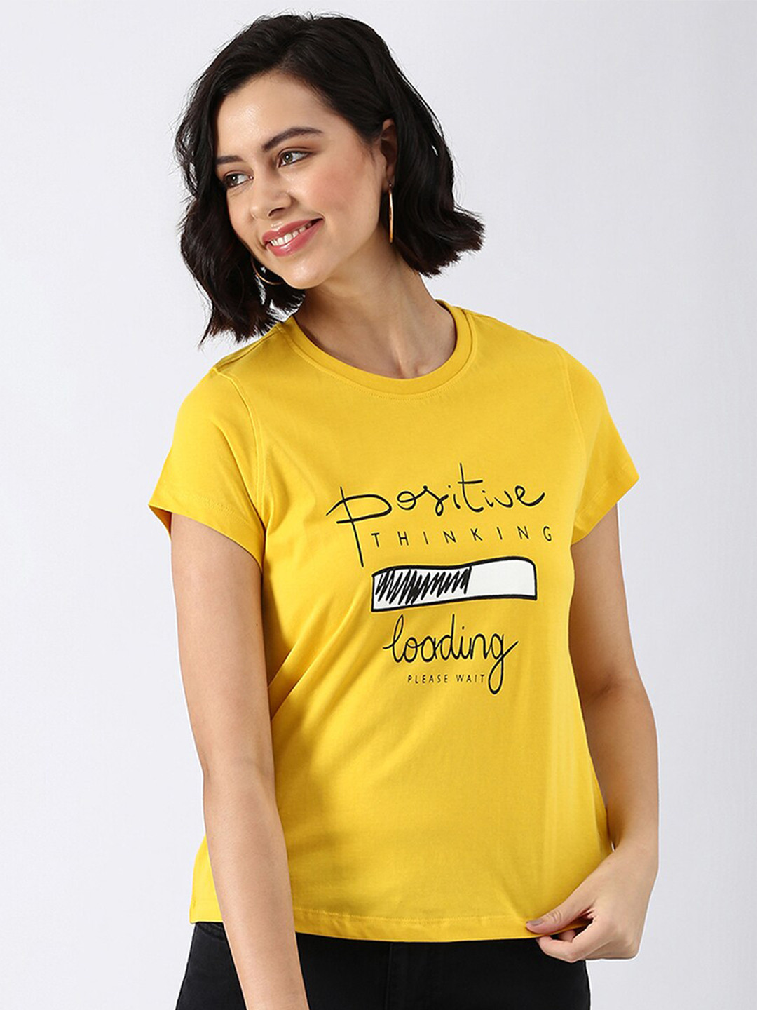 

abof Women Yellow Printed Pure Cotton T-shirt
