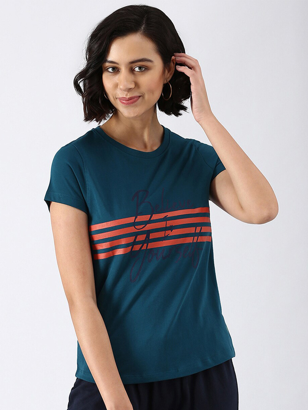 

abof Women Teal Typography Printed Pure Cotton T-shirt