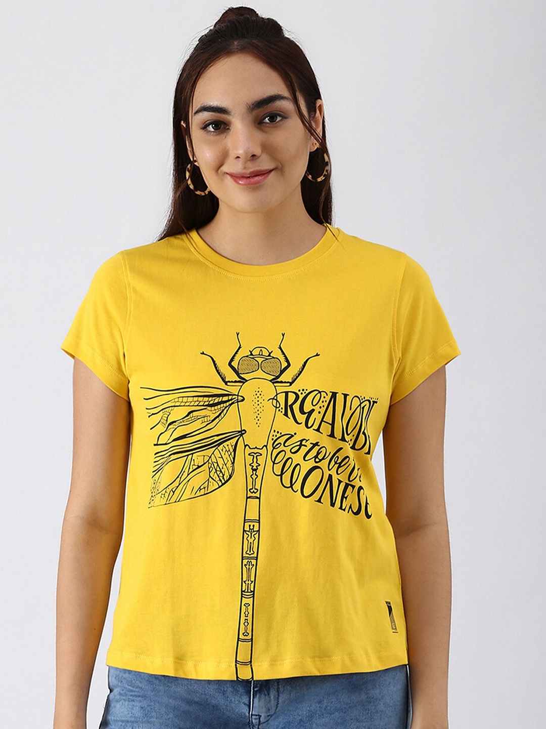 

abof Women Yellow Printed Pure Cotton T-shirt