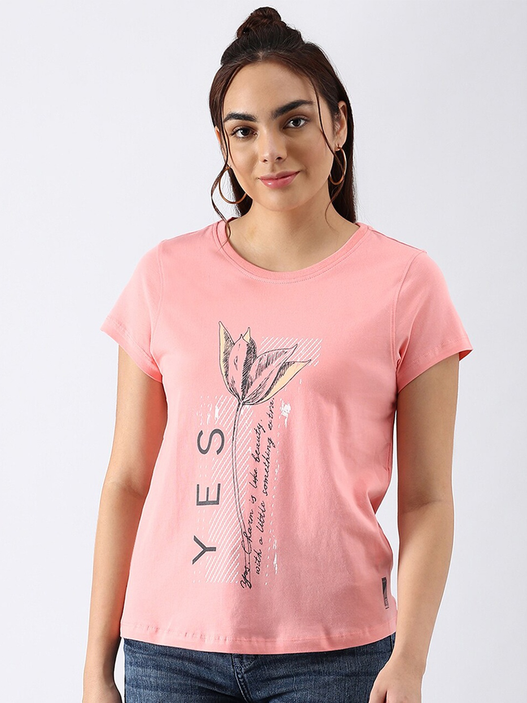 

abof Women Pink Printed Pure Cotton T-shirt