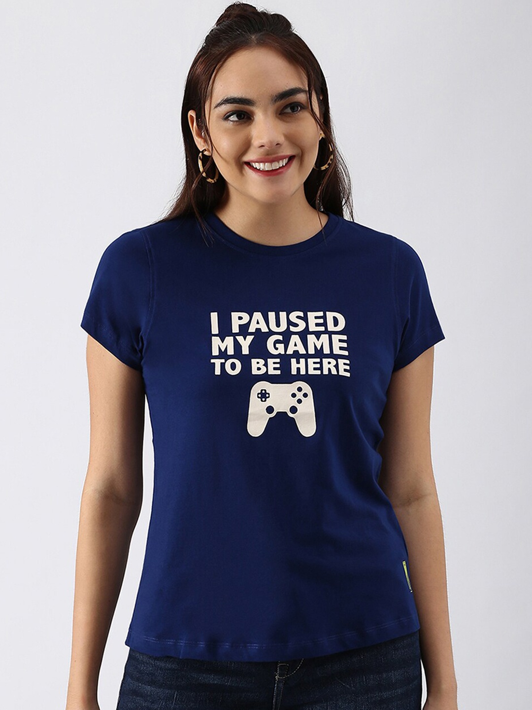 

abof Women Blue Printed Pure Cotton T-shirt