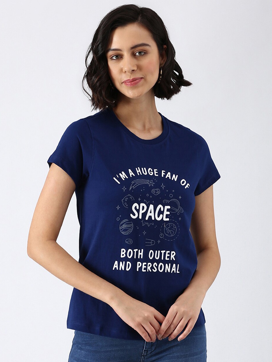 

abof Women Blue Typography Printed Pure Cotton T-shirt
