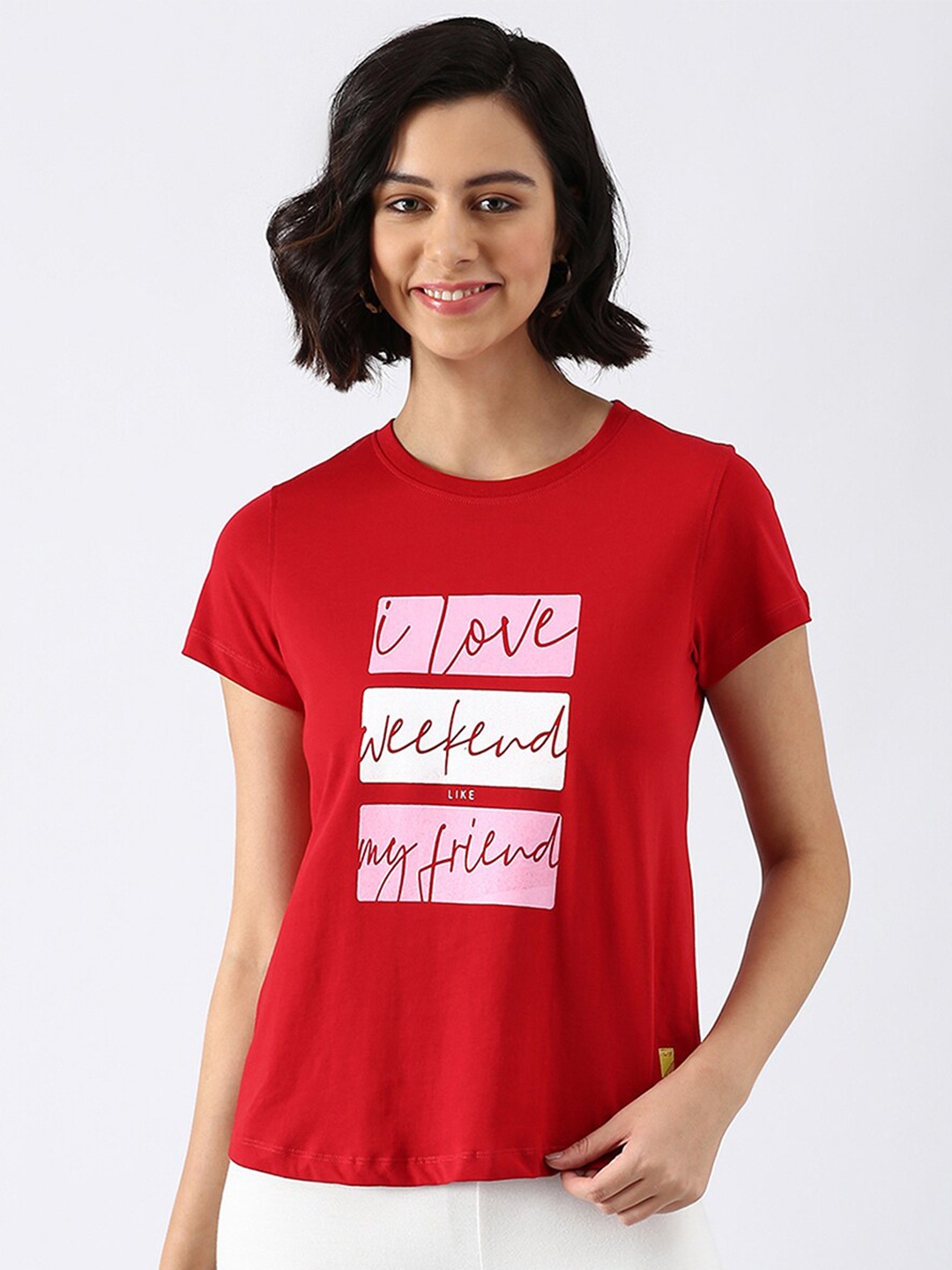 

abof Women Red Typography Printed Pure Cotton T-shirt