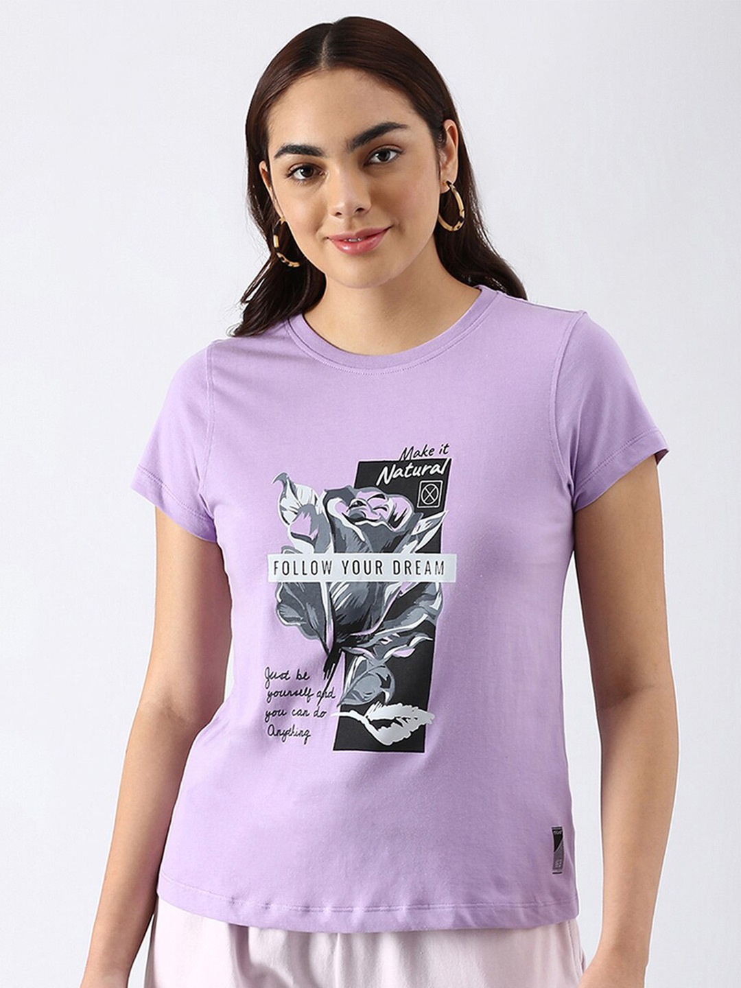 

abof Women Lavender Printed Pure Cotton T-shirt