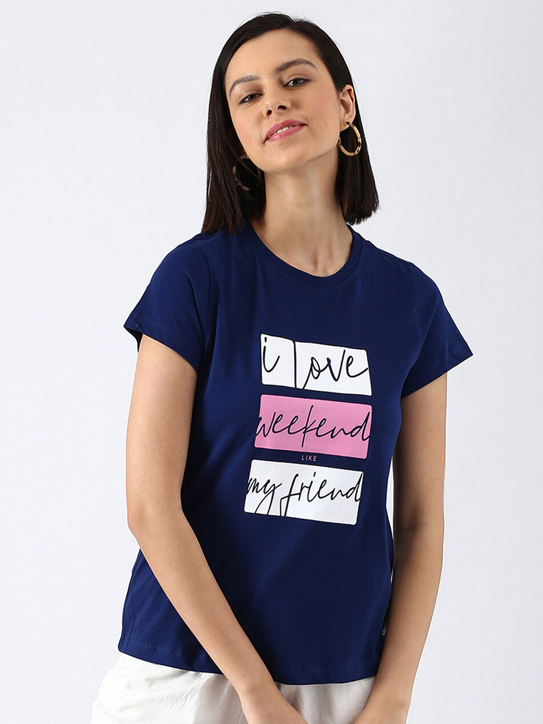 

abof Women Navy Blue Typography Printed Pure Cotton T-shirt