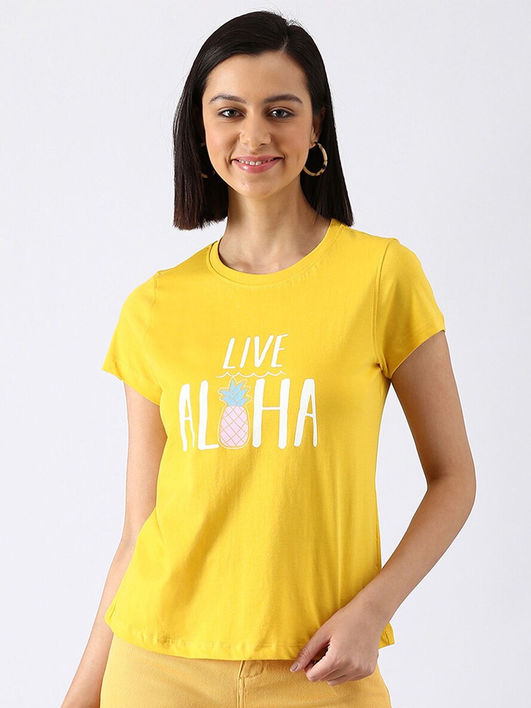 

abof Women Yellow Typography Printed Pure Cotton T-shirt