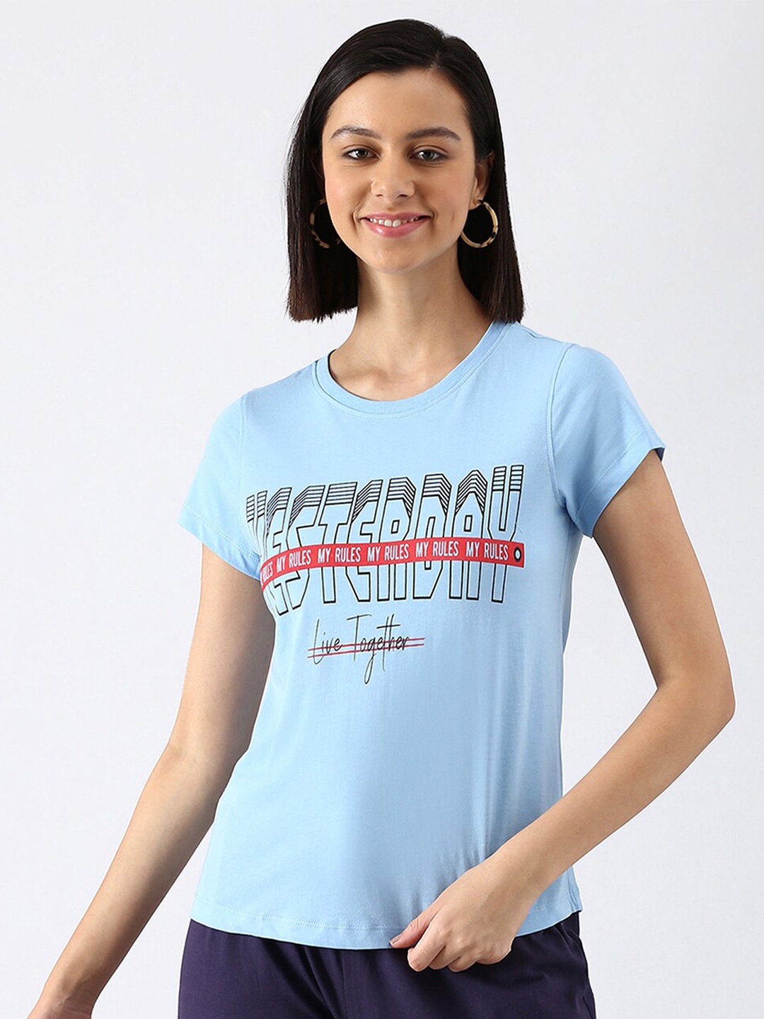 

abof Women Blue Typography Printed Pure Cotton T-shirt
