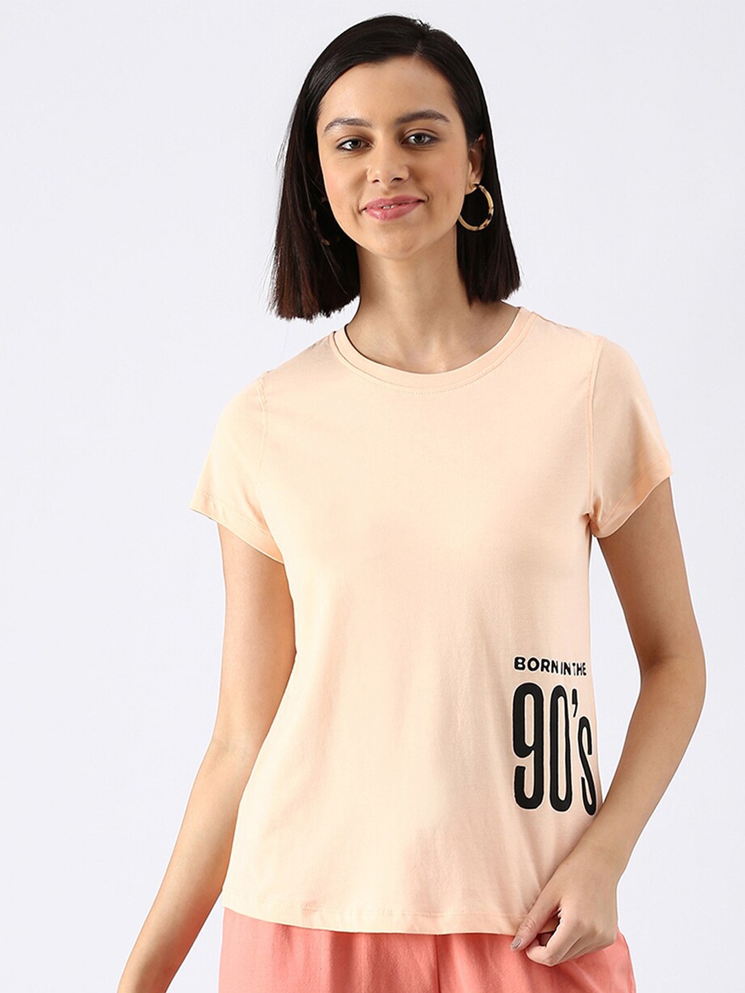 

abof Women Peach-Coloured Typography Printed Pure Cotton T-shirt