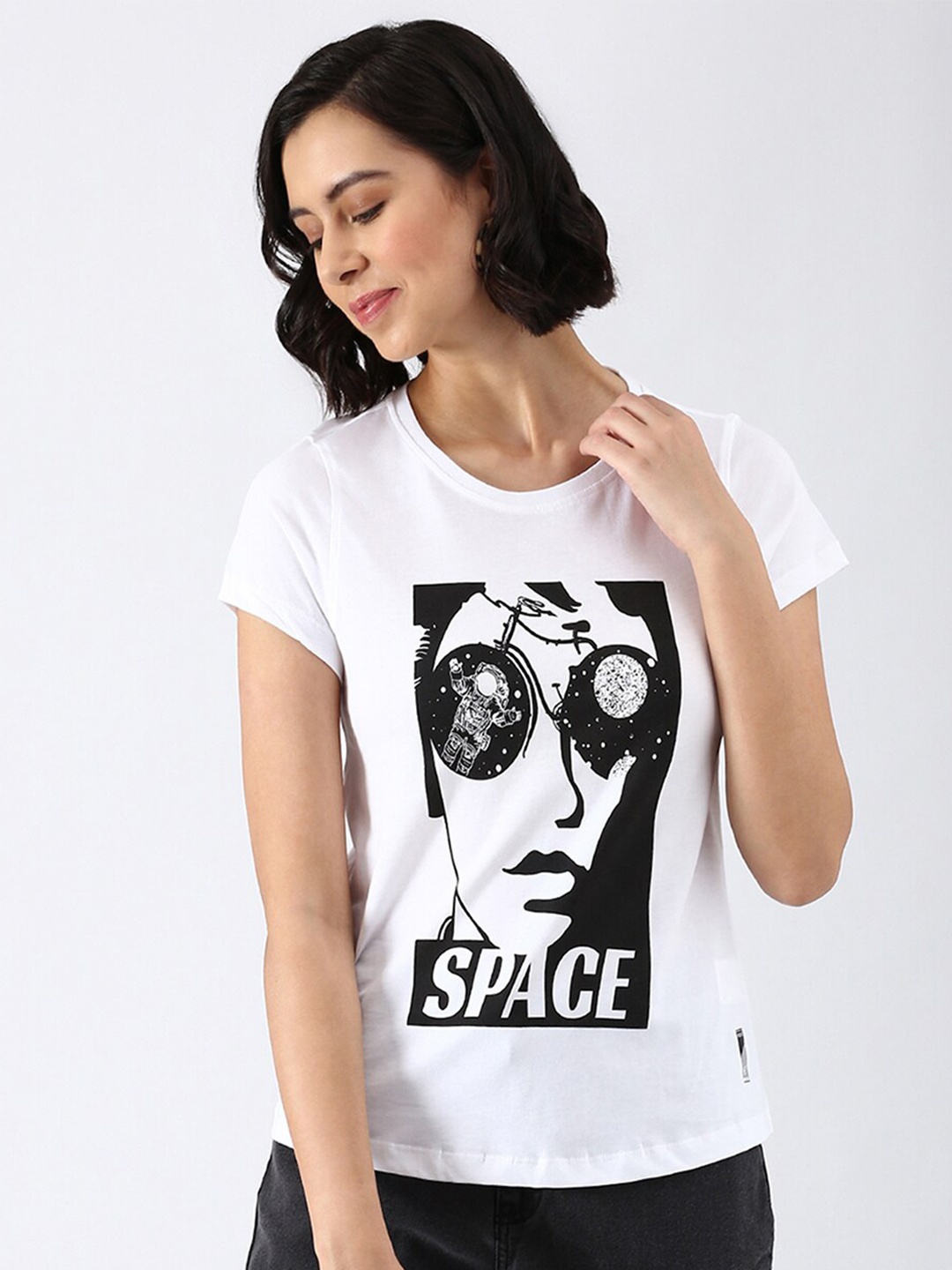 

abof Women White Printed Pure Cotton T-shirt