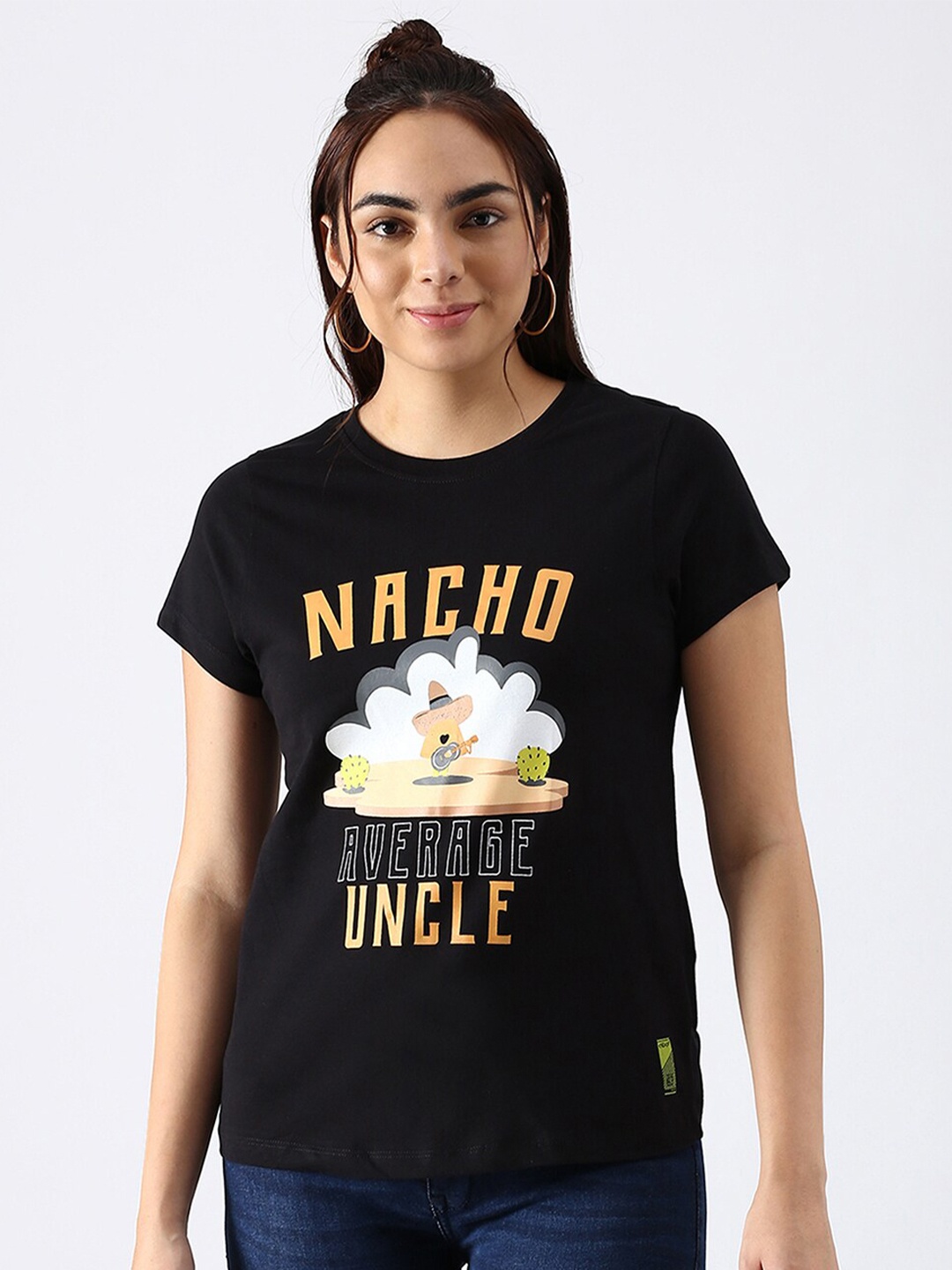 

abof Women Black Printed Pure Cotton T-shirt
