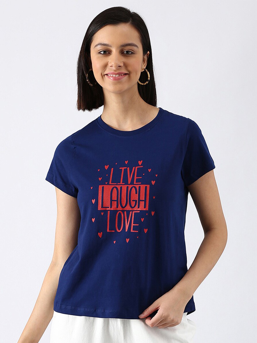 

abof Women Navy Blue & Red Printed Pure Cotton T-shirt