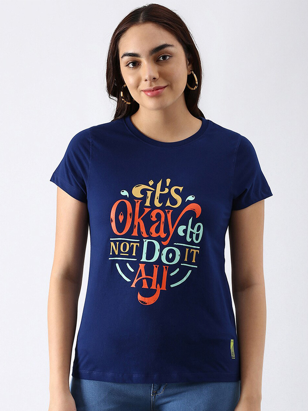 

abof Women Blue Typography Printed Pure Cotton T-shirt