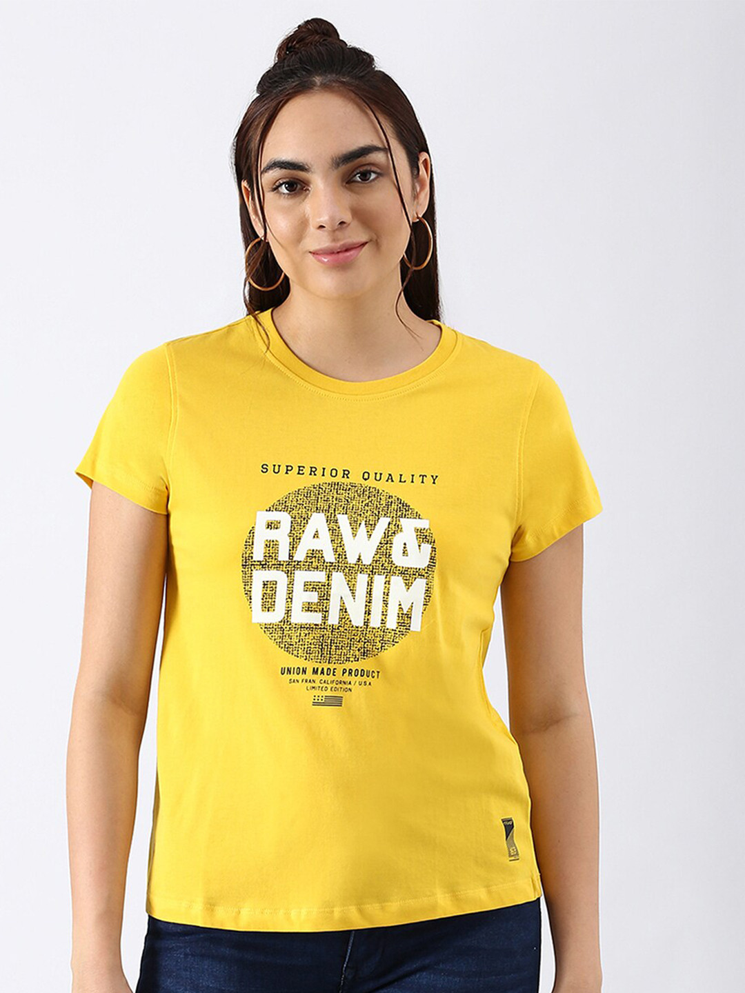 

abof Women Yellow Typography Printed Pure Cotton T-shirt