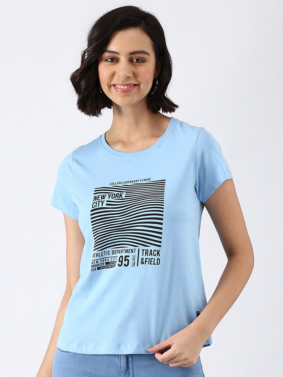 

abof Women Blue Printed Pure Cotton T-shirt