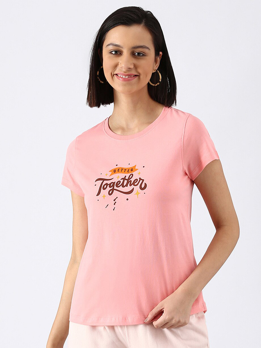 

abof Women Pink Typography Printed Pure Cotton T-shirt