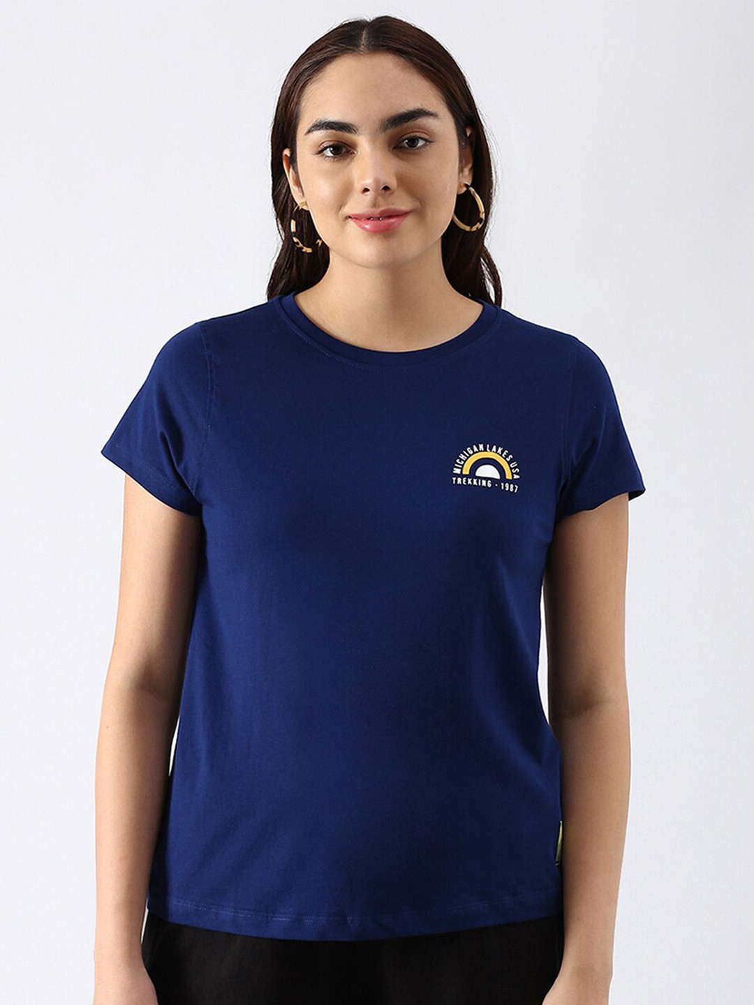 

abof Women Navy Blue Solid Pure Cotton T-shirt