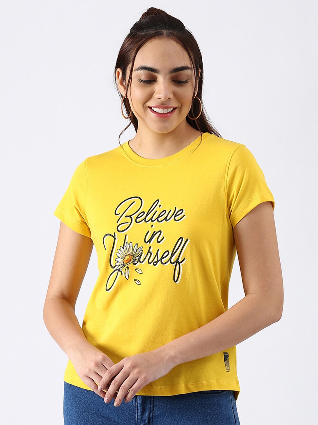 

abof Women Yellow Typography Printed Pure Cotton T-shirt