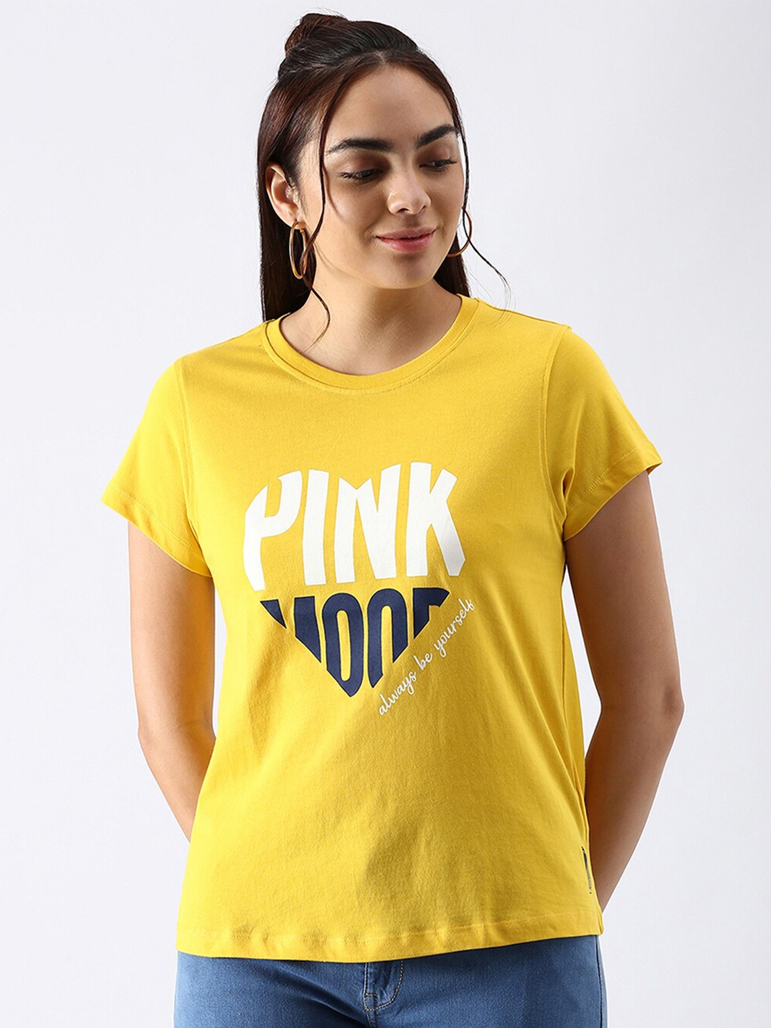 

abof Women Yellow Typography Printed Pure Cotton T-shirt