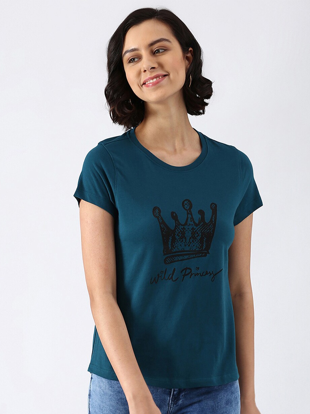 

abof Women Teal Printed Pure Cotton T-shirt