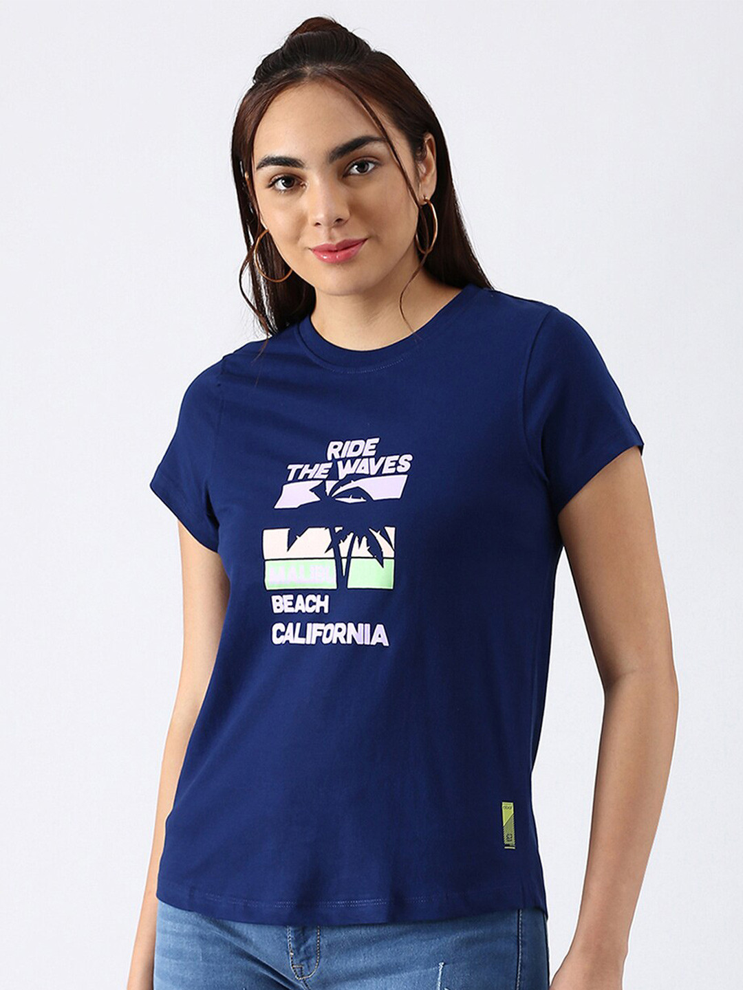 

abof Women Blue Printed Pure Cotton T-shirt