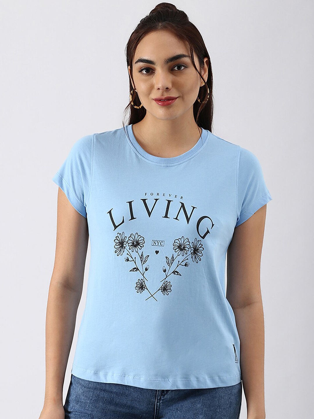 

abof Women Blue Printed Pure Cotton T-shirt