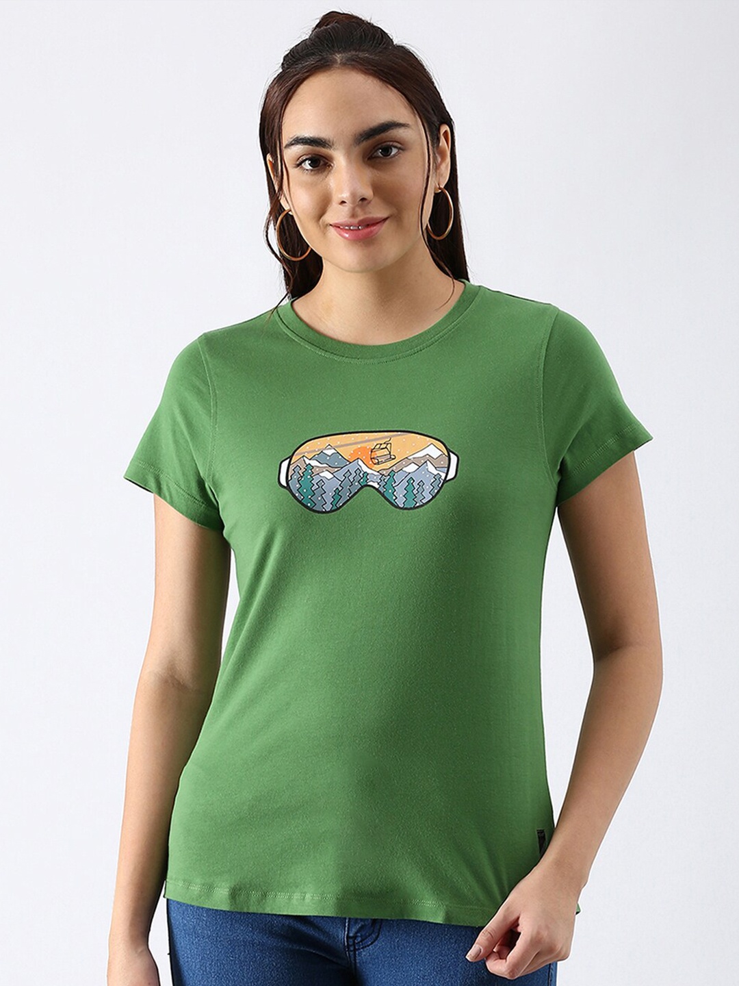 

abof Women Green Printed Pure Cotton T-shirt