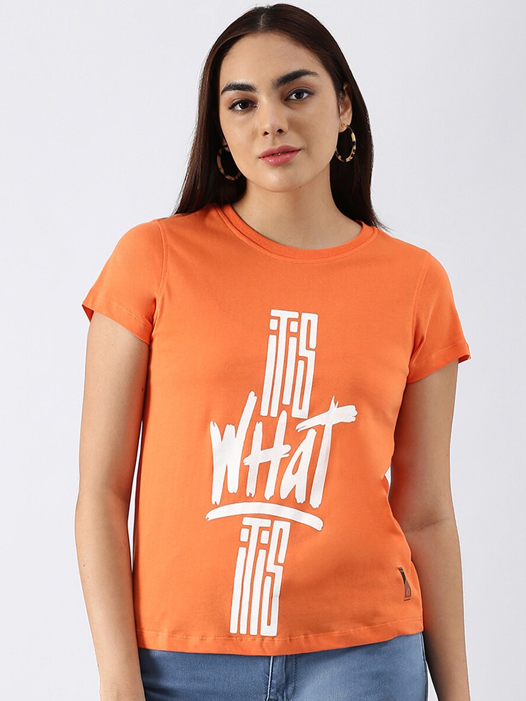 

abof Women Orange Typography Printed Pure Cotton T-shirt