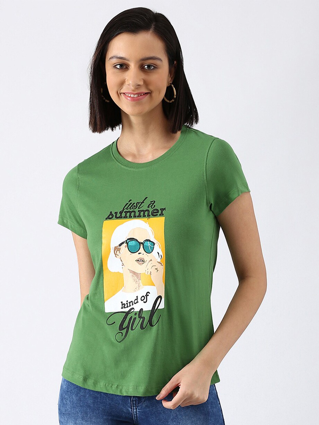 

abof Women Green Printed Pure Cotton T-shirt