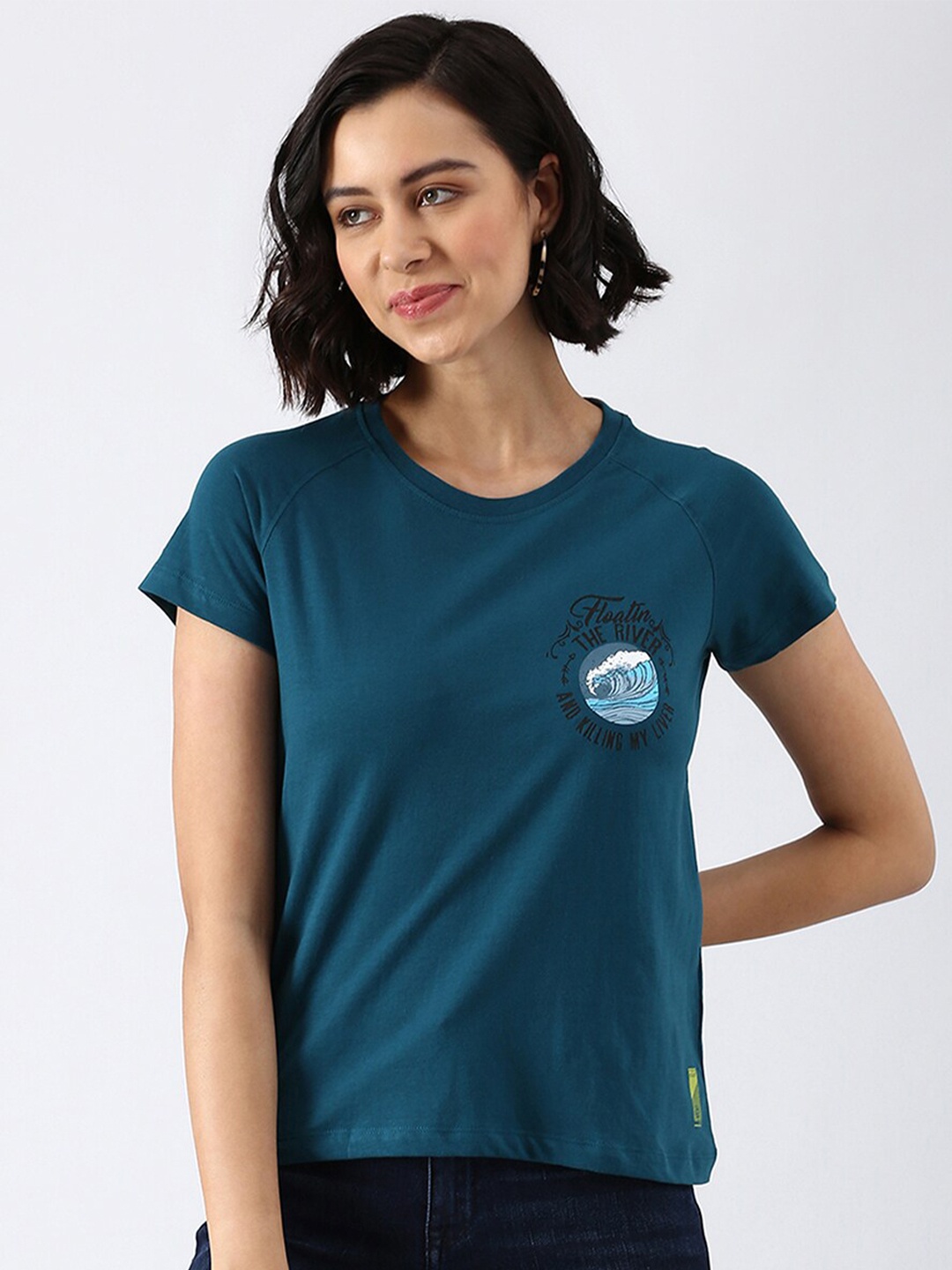 

abof Women Teal Solid Pure Cotton T-shirt