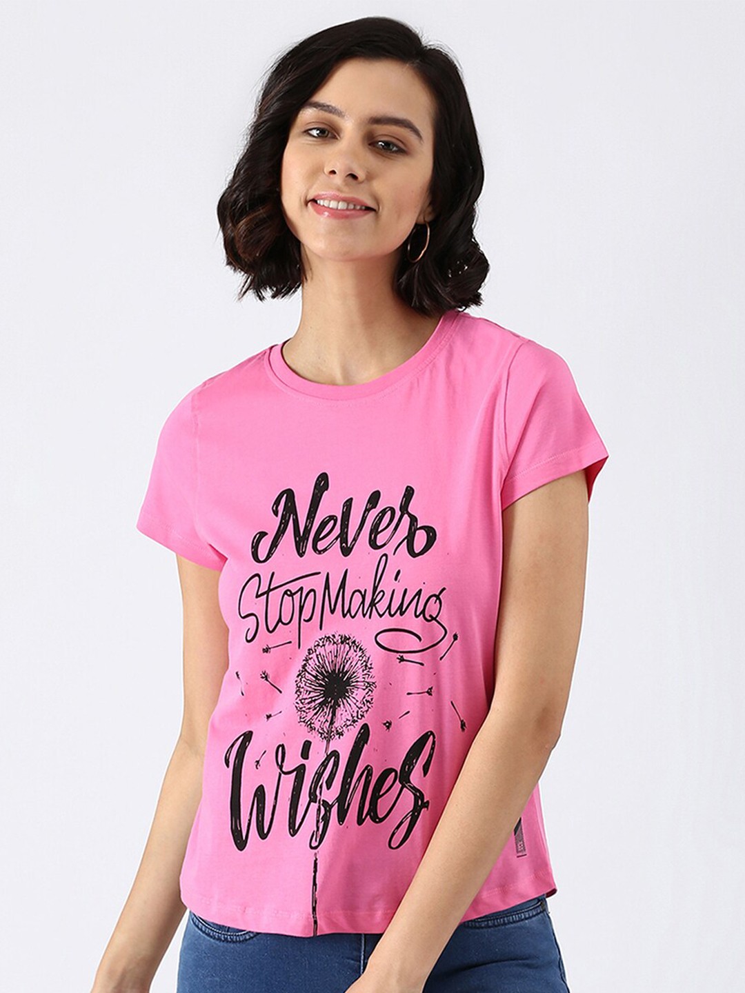 

abof Women Pink Typography Printed Pure Cotton T-shirt