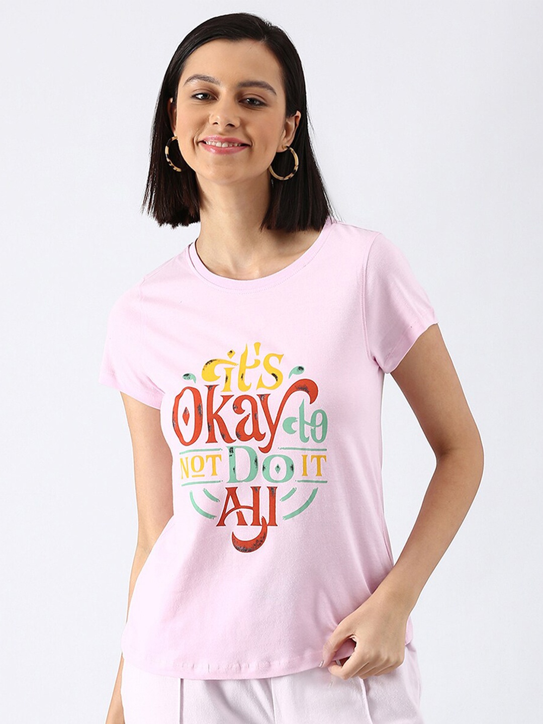 

abof Women Pink Typography Printed Pure Cotton T-shirt