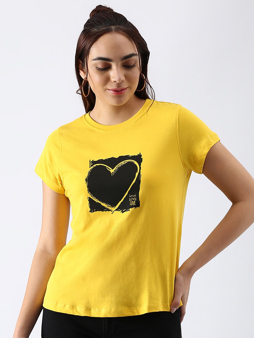 

abof Women Yellow Printed Pure Cotton T-shirt