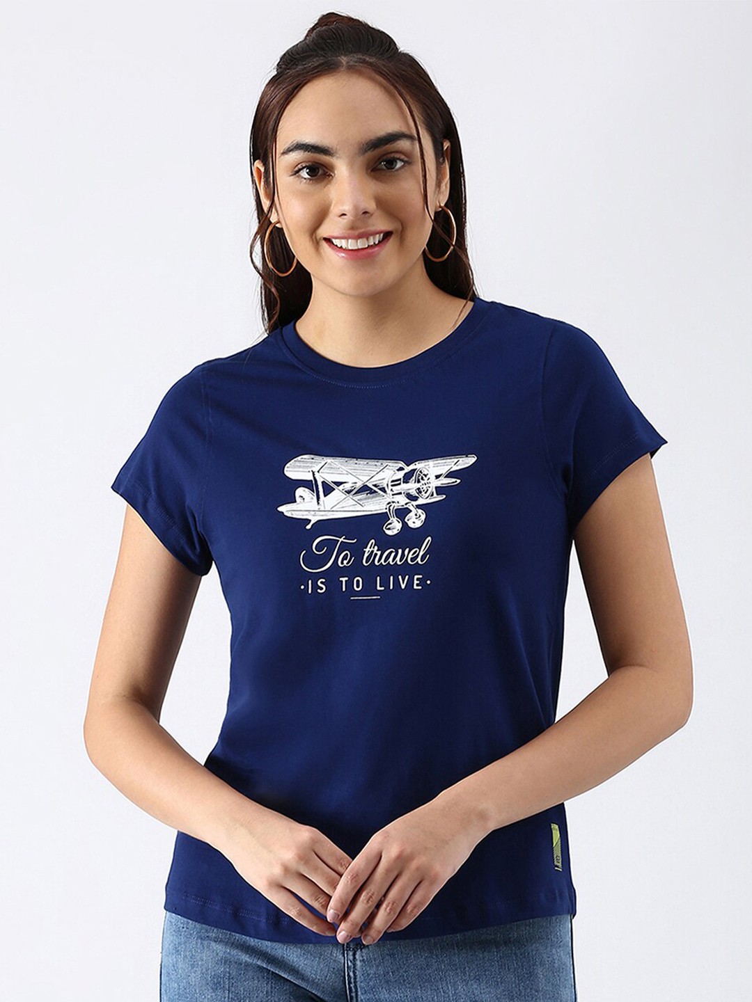 

abof Women Navy Blue Printed Pure Cotton T-shirt